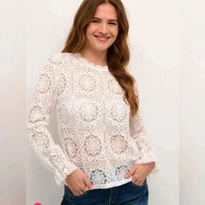 Cream woman’s navy (diff color than stock) lace embroidered long sleeve  sz 36